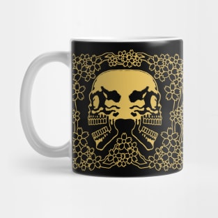 Twin Skulls and Sakura Ink Art Tattoo Retro Yellow Mug